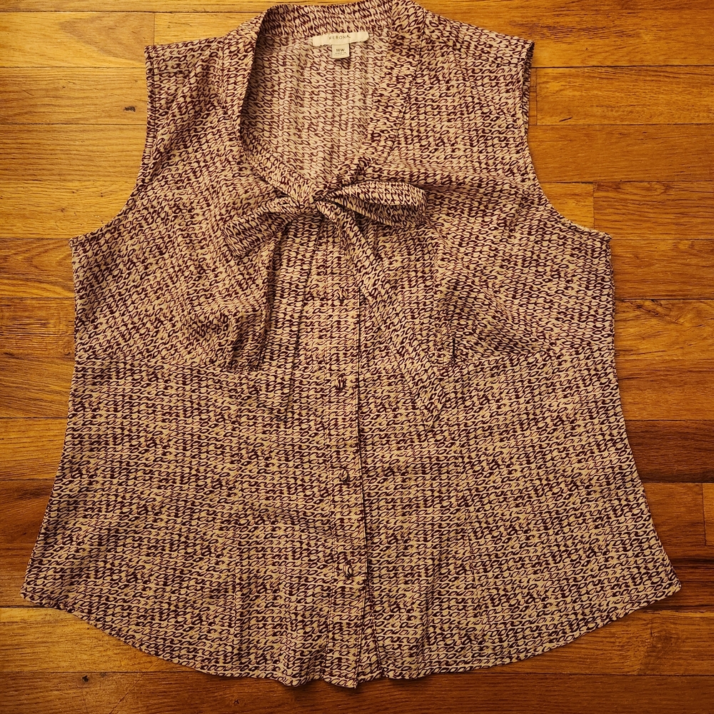 Merona Women's Burgundy Button Down Abstract Sleeveless Tie-neck Blouse Size 16W